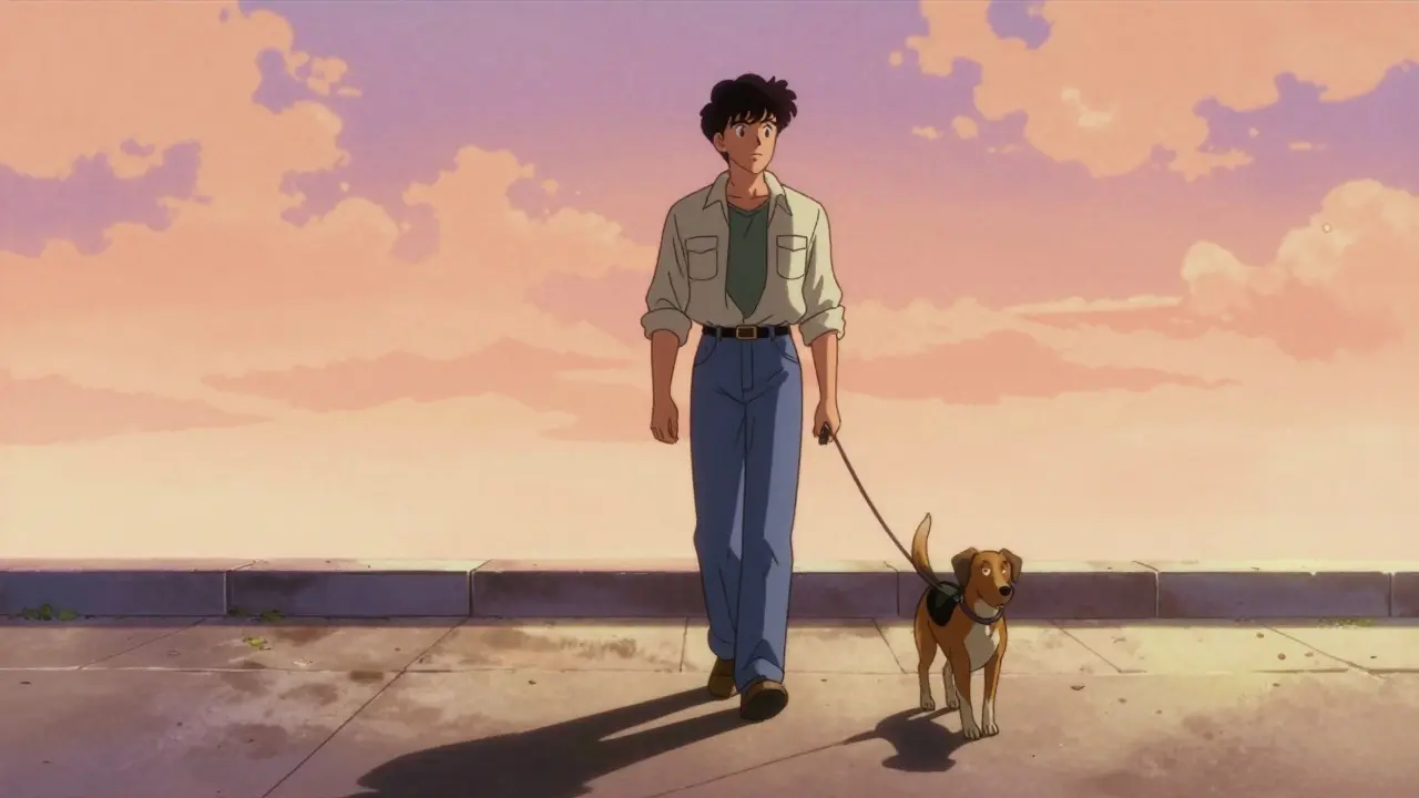 Man walking dog happily in sunset anime background