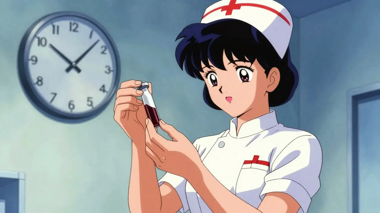 Nurse drawing blood for lithium level test in clinic.