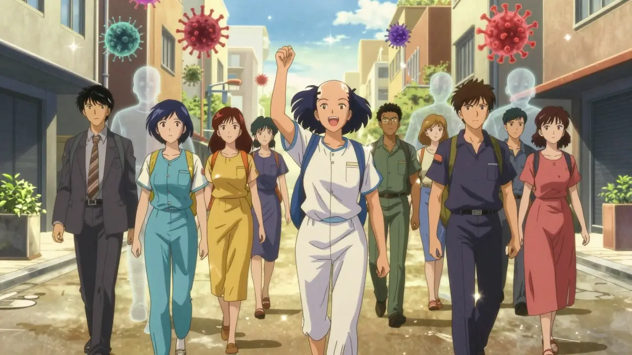 Patients celebrating improved health while shadowy health risks fade behind them.