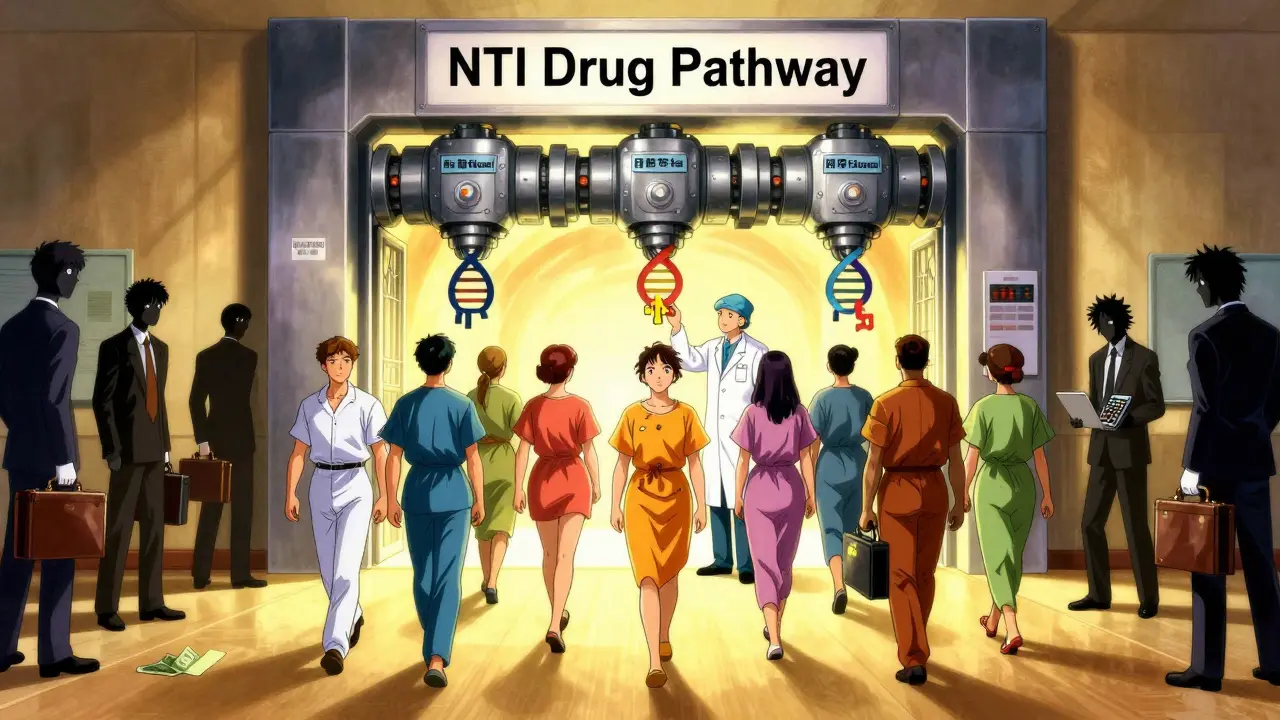 Patients walk toward a glowing gate guarded by three regulatory tests, as scientists and pharma figures watch.