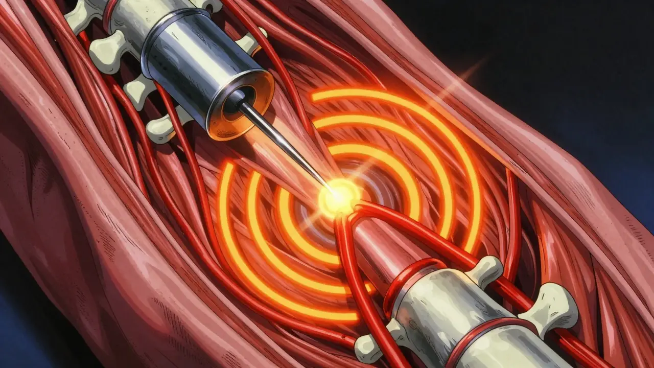 Thermal probe treating spine nerves in 80s manga art