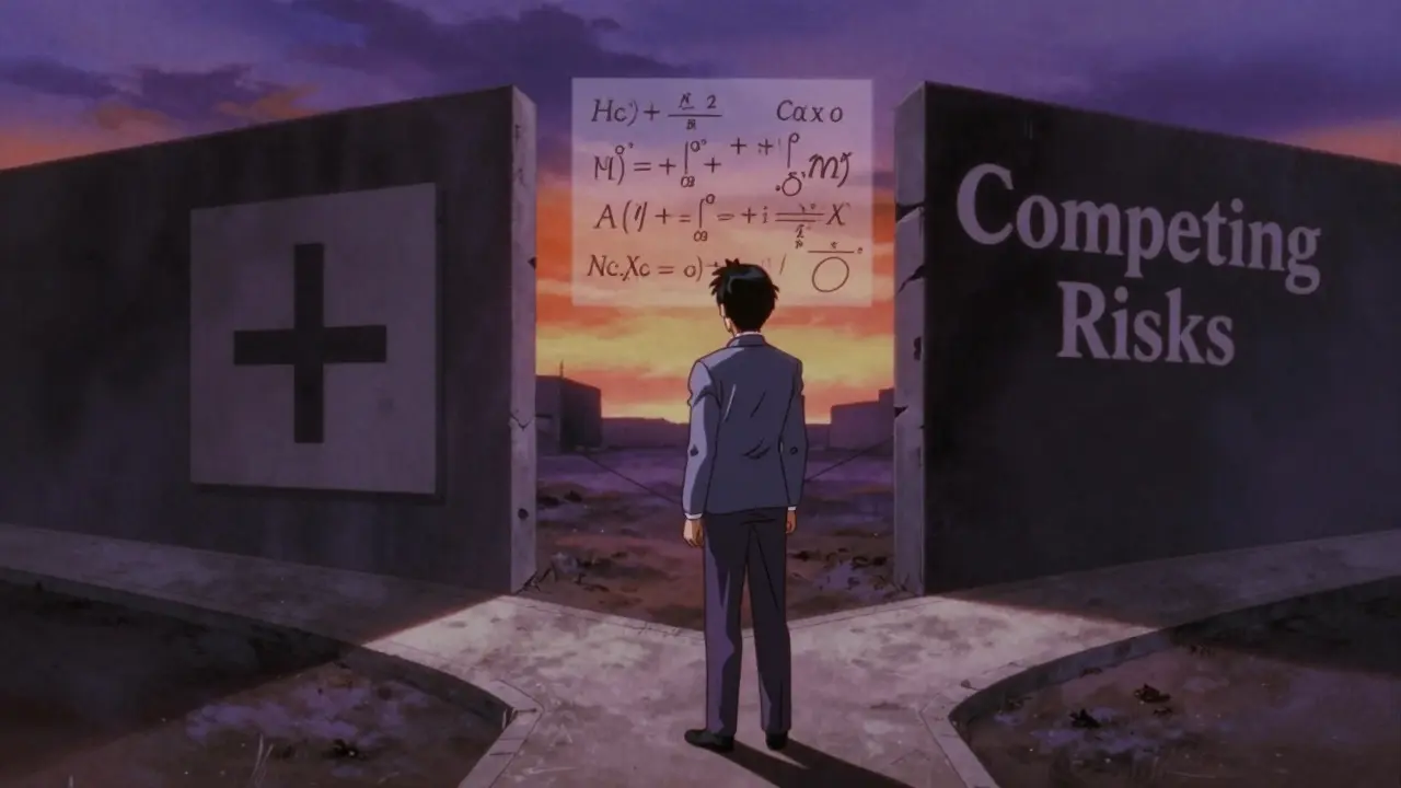 80s anime analyst at a crossroads facing a wall representing competing risks.