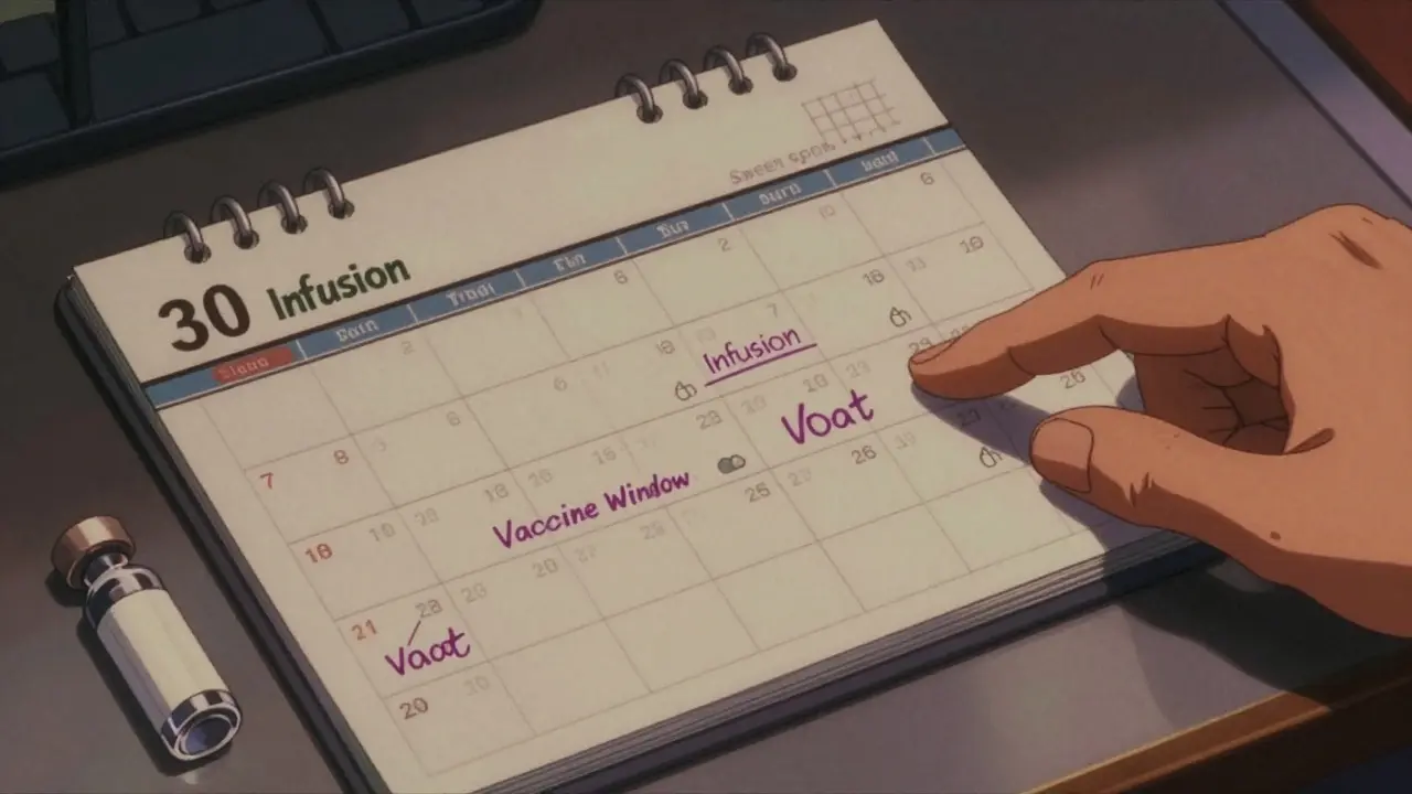 80s anime style close-up of a futuristic calendar showing the timing between medical infusions and vaccines.