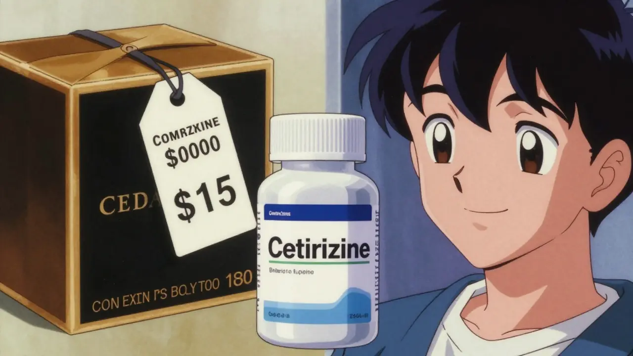 80s anime style comparison between expensive brand-name and affordable generic medicine