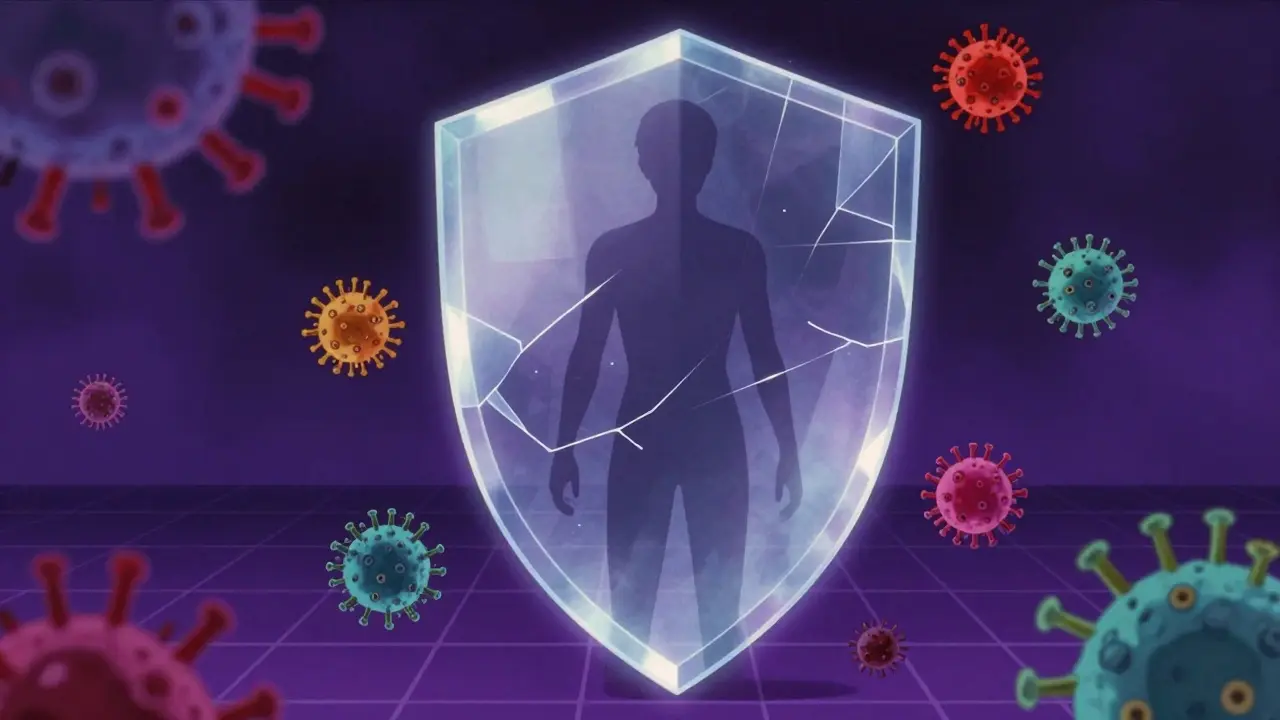 80s anime style depiction of a thin, fragmented energy shield protecting a person from virus particles.