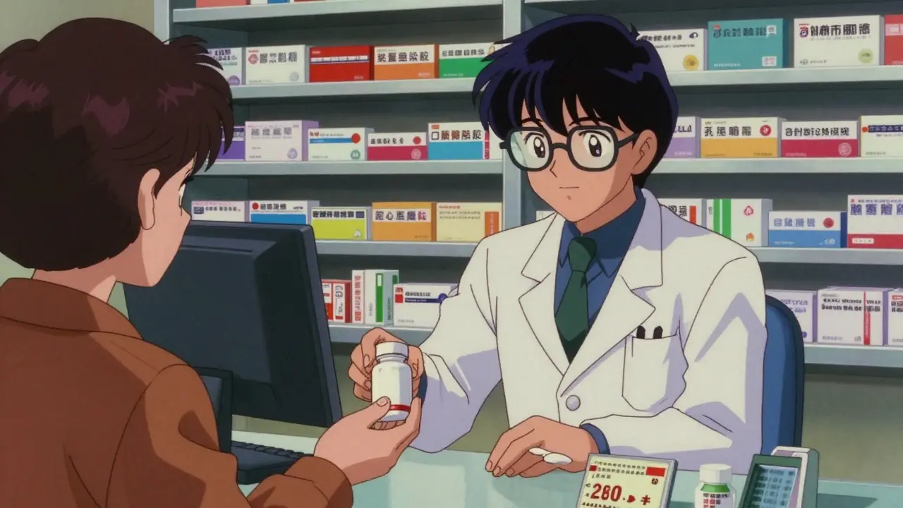 80s anime style pharmacist handing a generic medication bottle to a customer