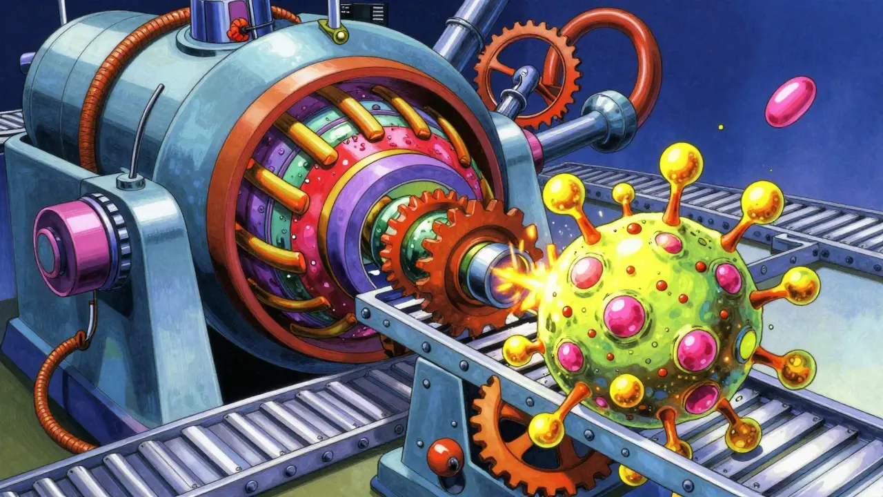 Anime style illustration of antibiotic particles jamming a bacterial protein factory