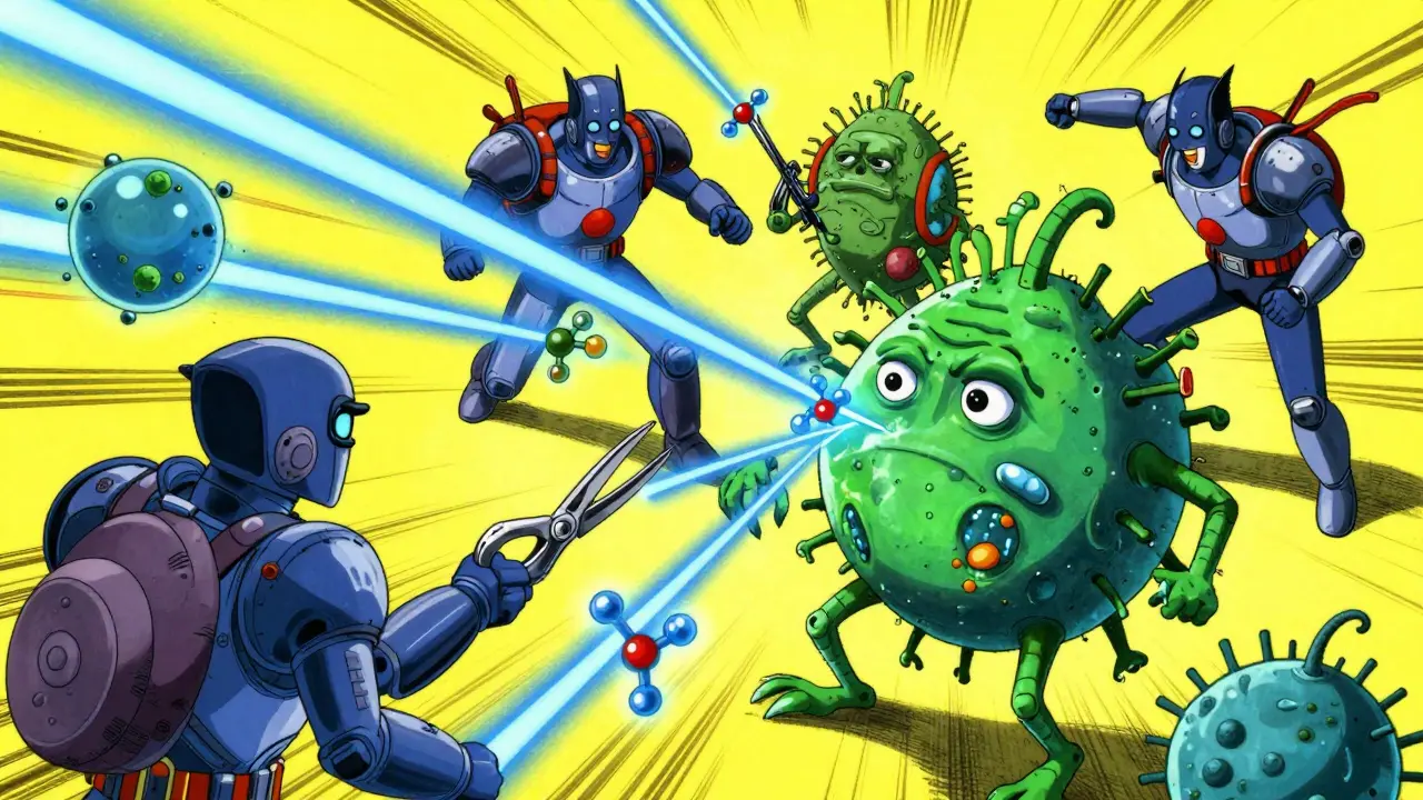 Anime style image of bacteria using molecular scissors to resist antibiotics