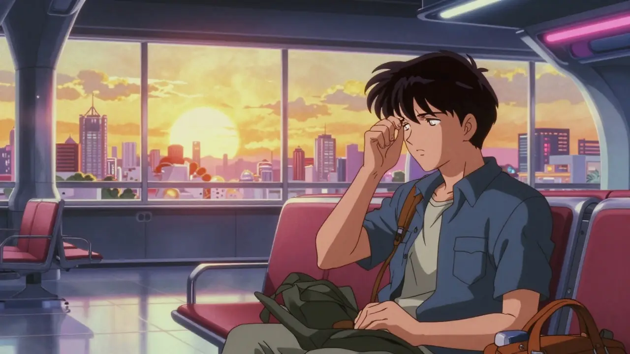 Exhausted traveler at an airport during sunrise, 80s anime style