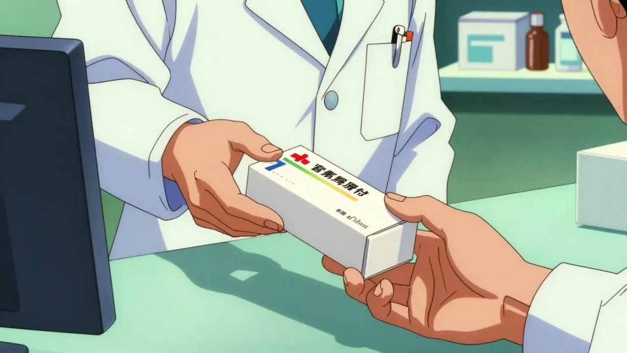 Hand receiving a medication package from a pharmacist in 80s anime style