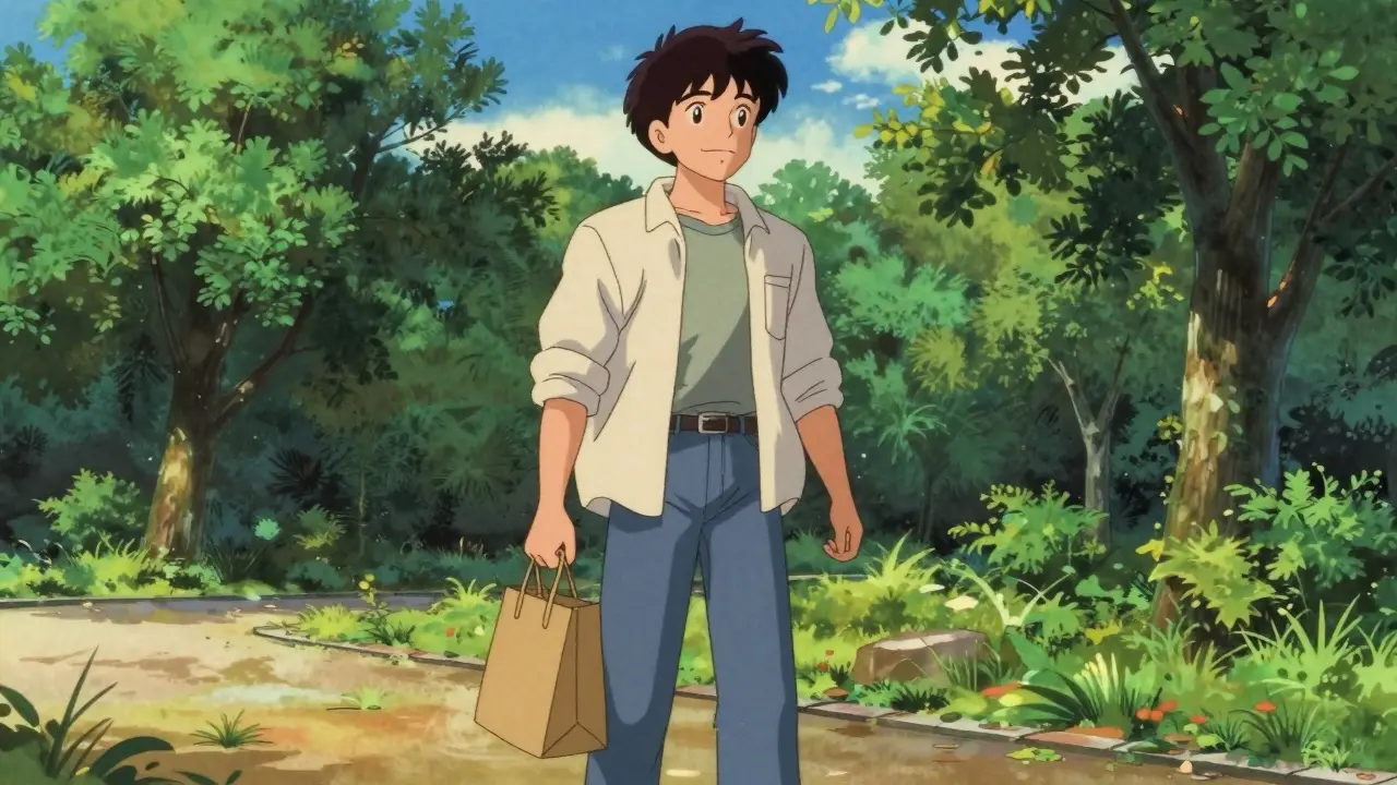 Happy person walking in park carrying medicine bag during sunset.