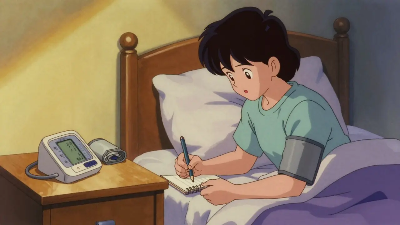 Person logging health metrics in notebook with analog blood pressure cuff.