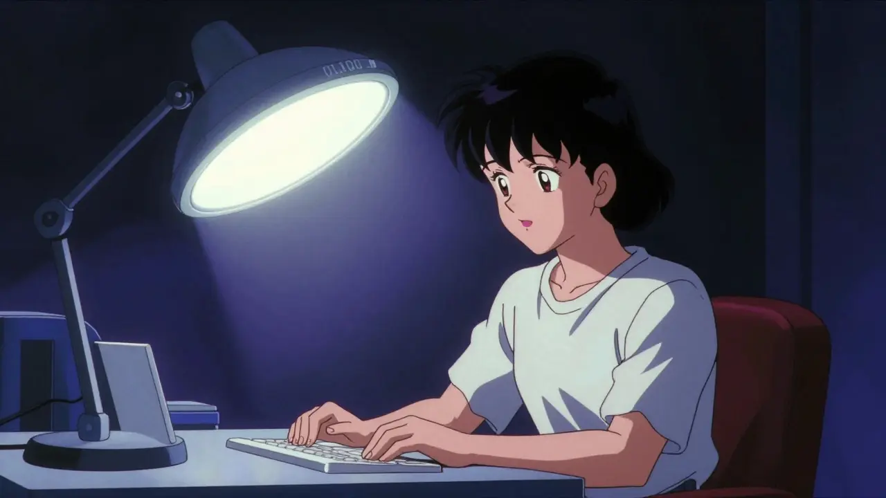 Person using a bright light therapy lamp in a dark room, 80s anime style