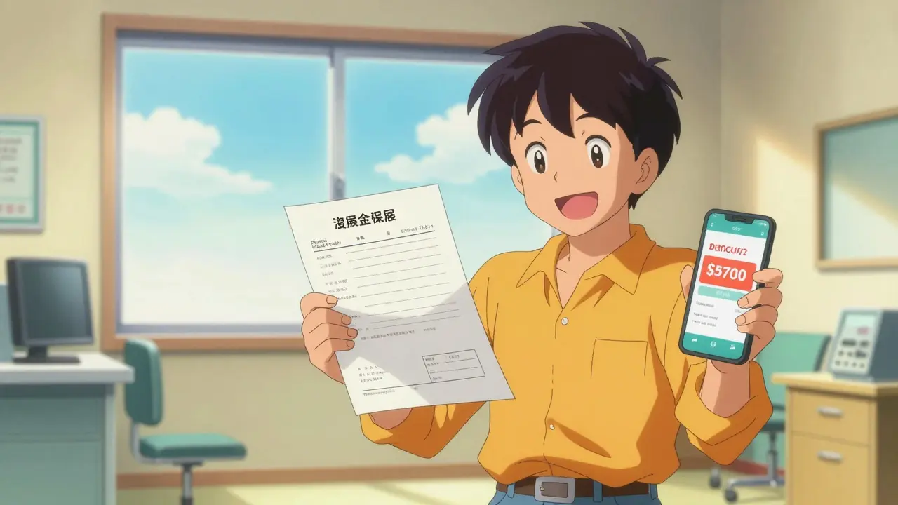 Relieved person with a prescription and discount app in a bright clinic in 80s anime style.