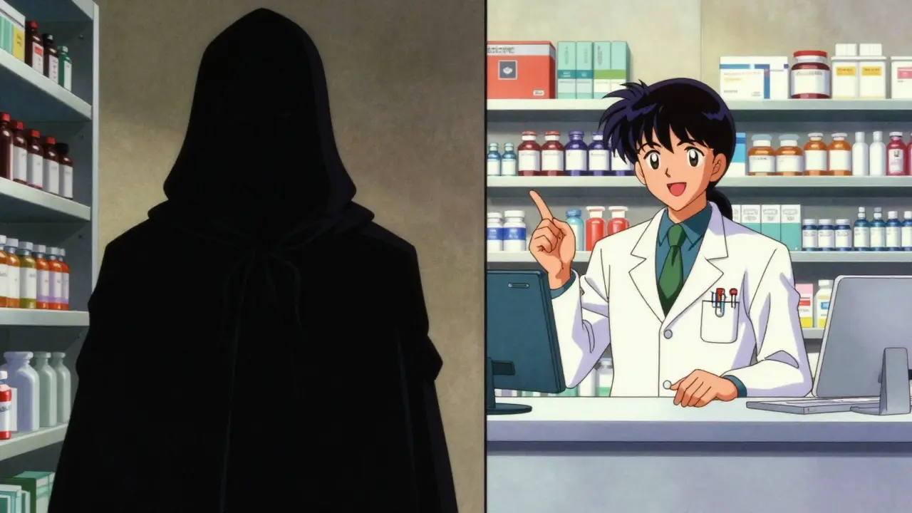 Split screen contrasting a mysterious rogue seller and a professional pharmacist in 80s anime style.