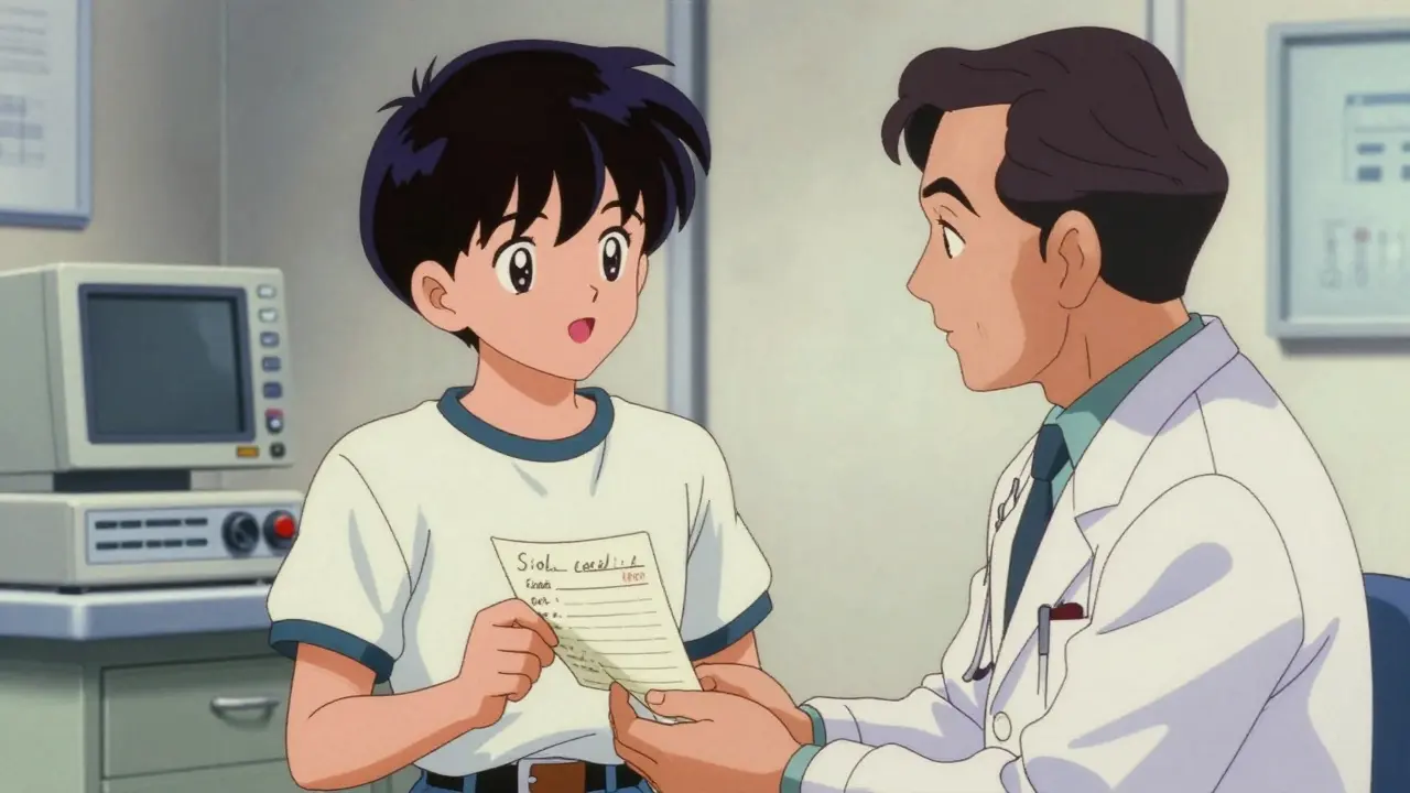 Teenager discussing health symptoms with a doctor in a classic anime medical office
