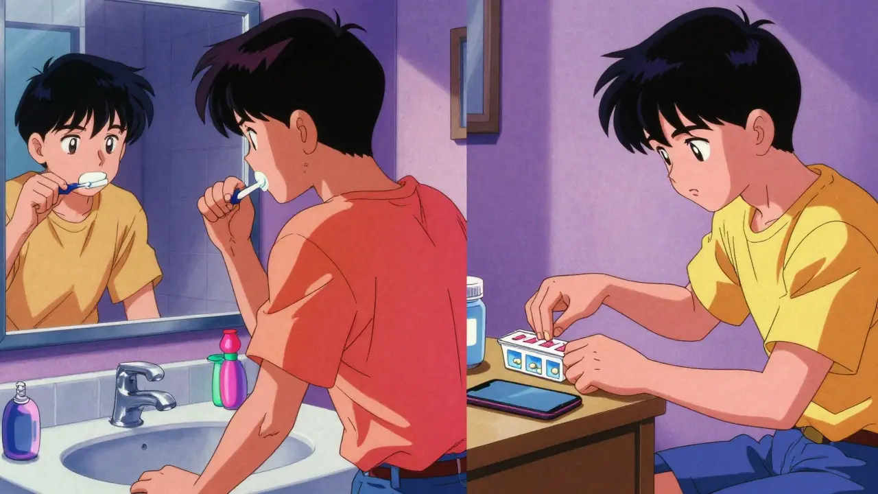 Teenager organizing medication next to a phone in a retro anime bedroom