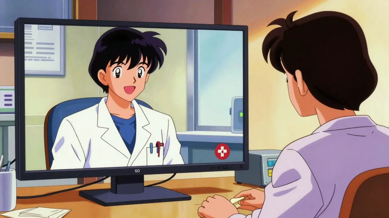 Virtual doctor appointment via screen in 80s anime style