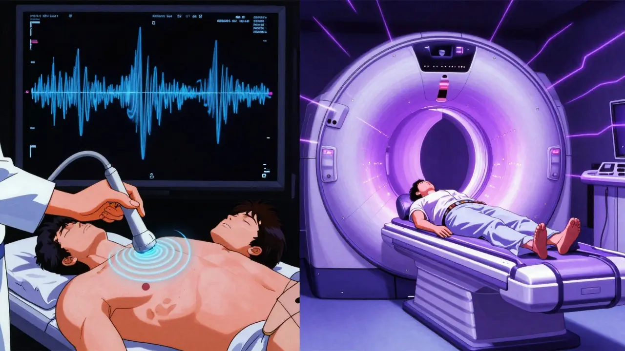 Anime style comparison of ultrasound sound waves versus MRI magnetic fields.