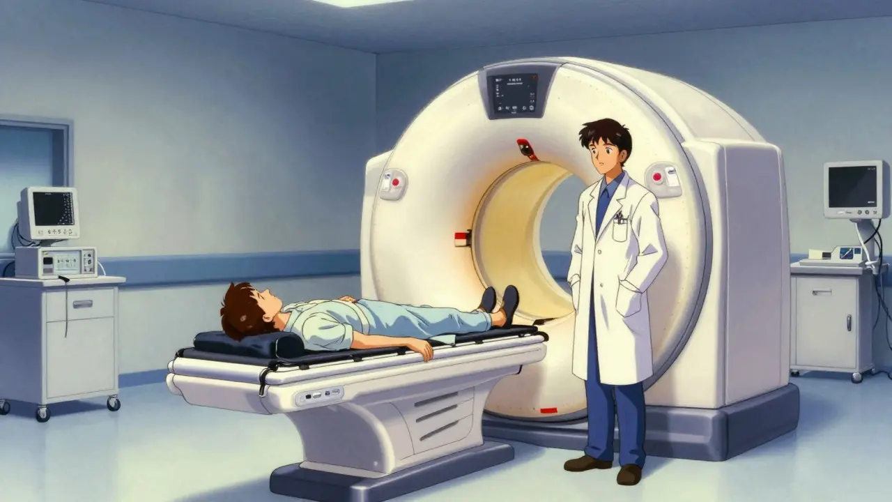 Calm doctor and patient in a modern CT scanner room with safety equipment nearby