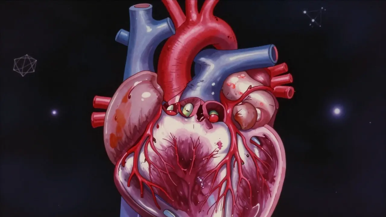 Detailed 3D anatomical view of a human heart in 80s anime art style.