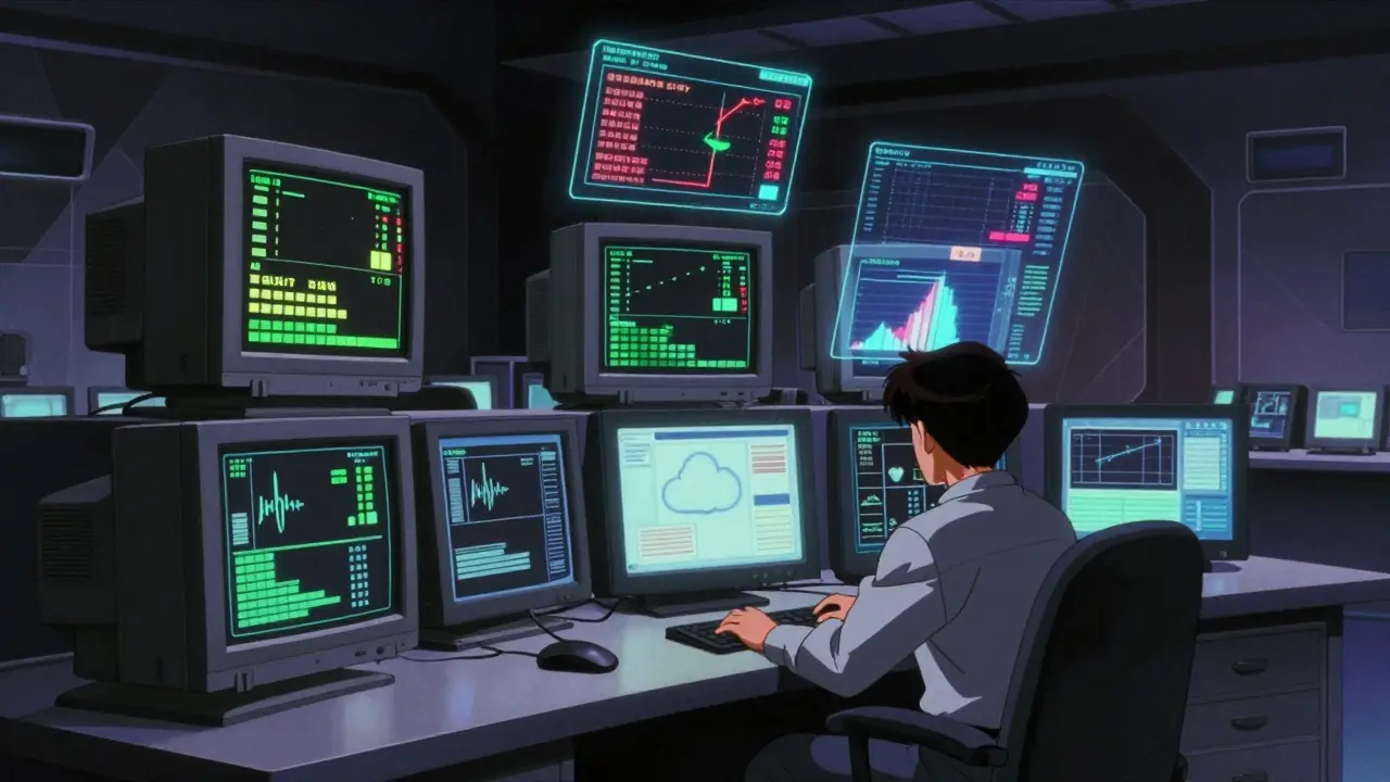 Futuristic anime control room with AI-driven calibration monitoring systems