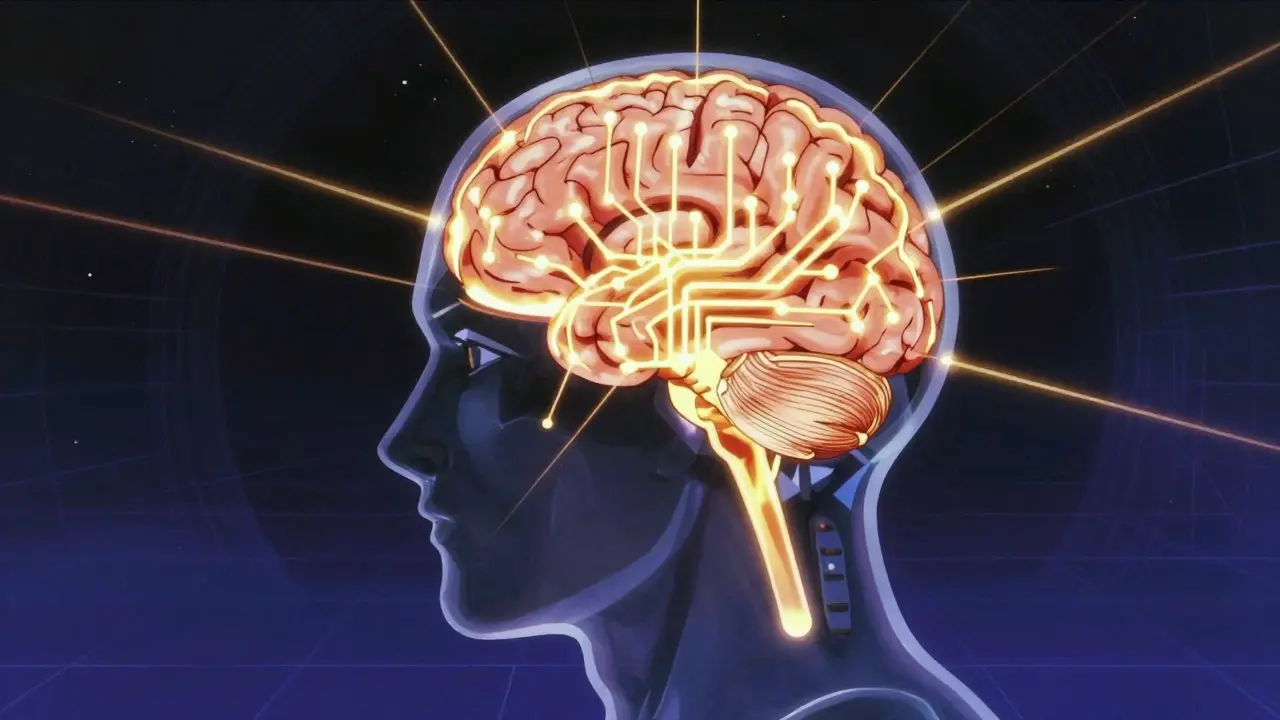 Glowing neural circuits in a human head silhouette representing brain health.