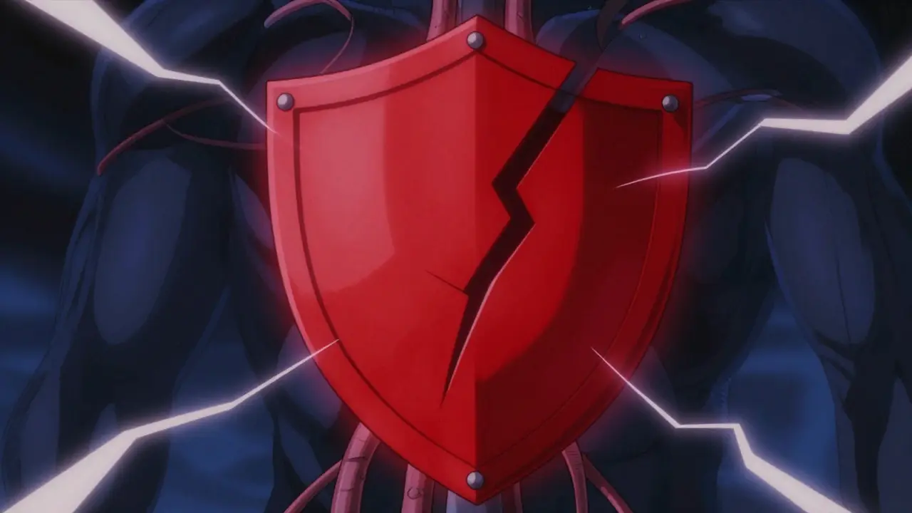 Glowing red shield with cracks symbolizing antibiotic side effect warnings