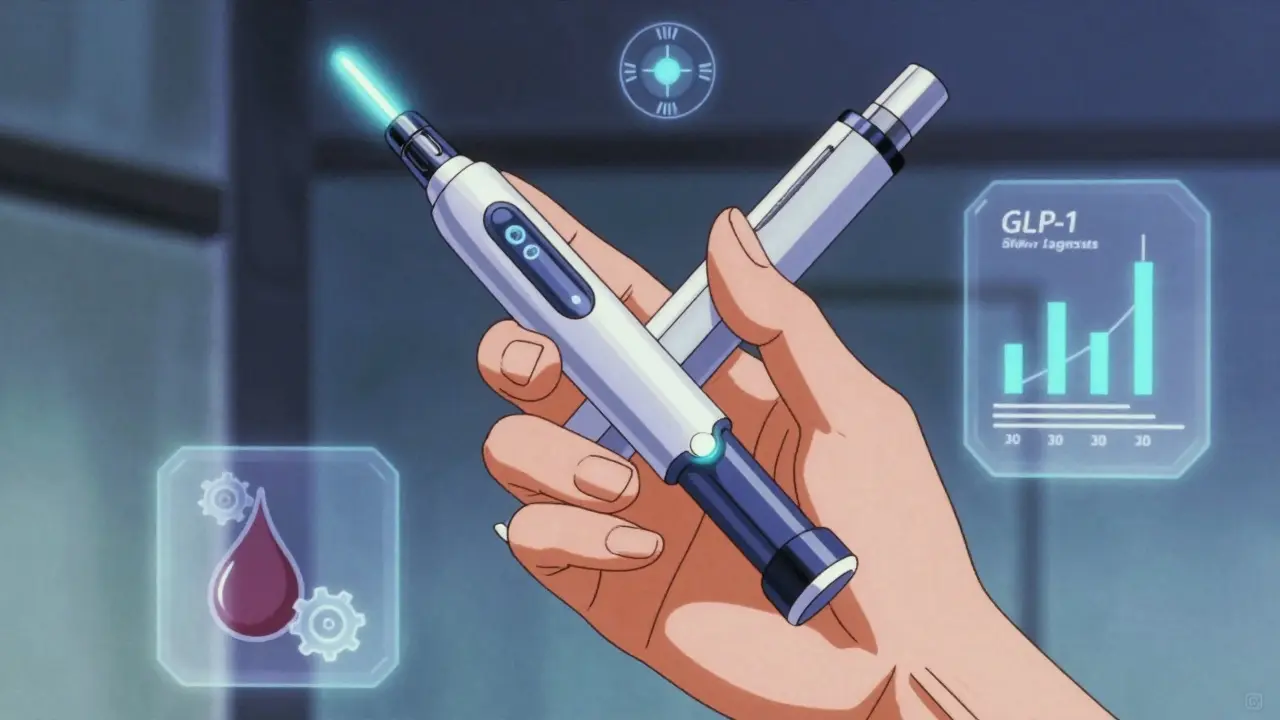 Hand holding a glowing injection pen with biological symbols in 80s anime style