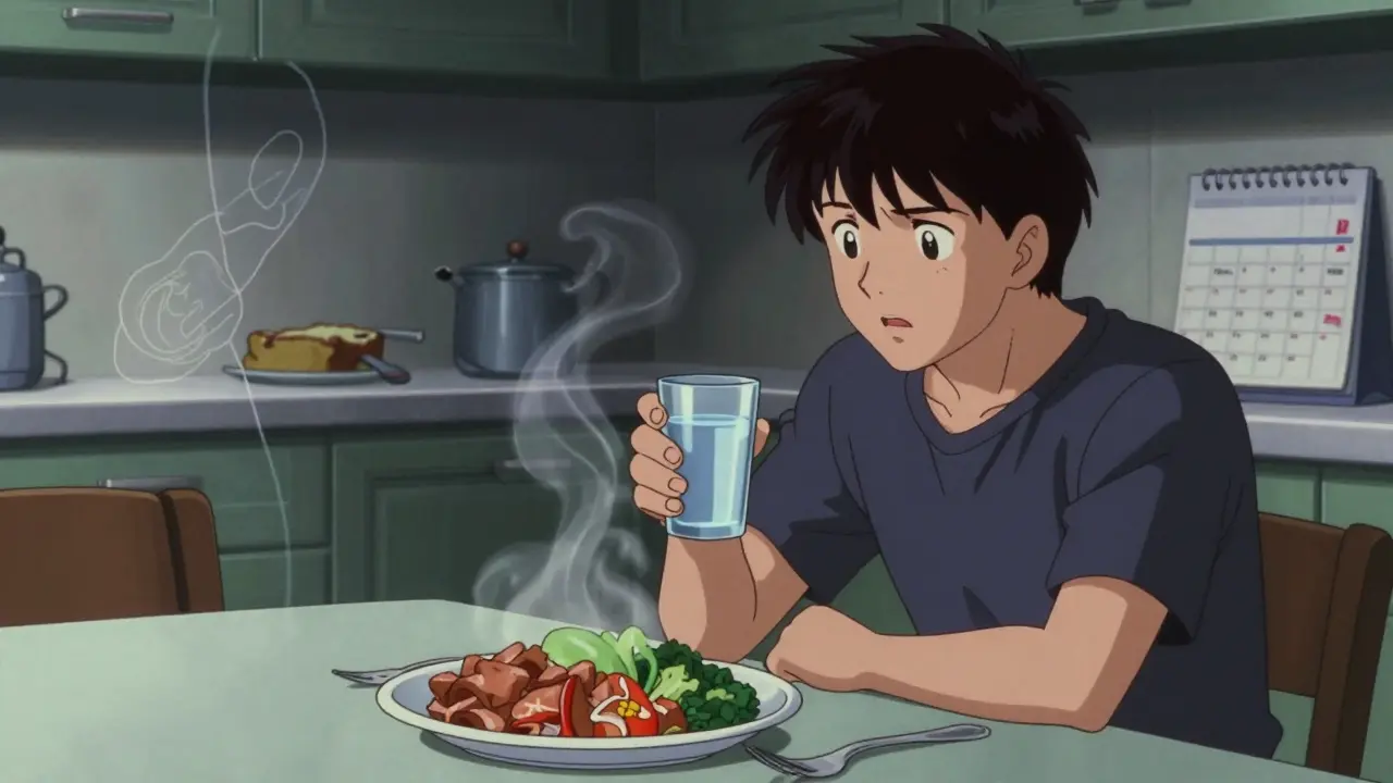 Person eating healthy food while avoiding junk food in 80s anime style