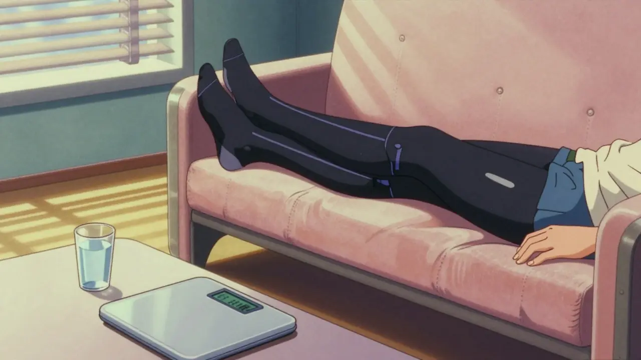 Person elevating legs with compression stockings in retro setting