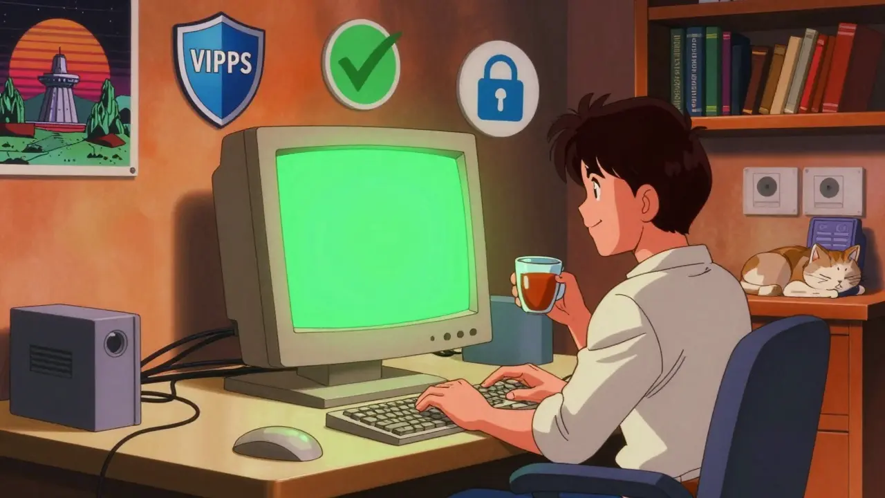 Person safely buying medication online with security icons