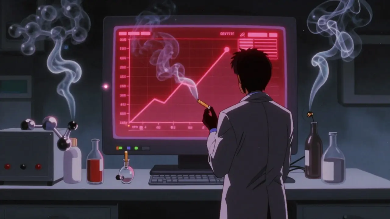 Retro anime scene showing rising drug levels as cigarette smoke dissipates