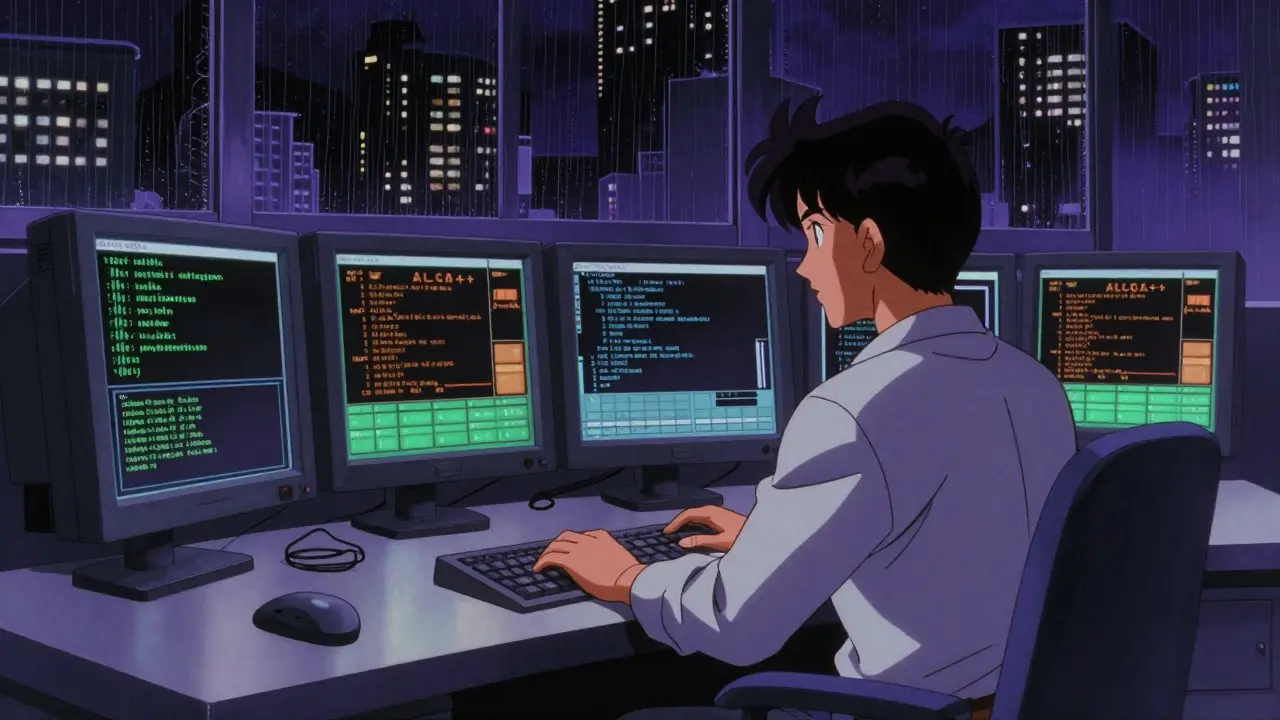 Retro anime technician analyzing data integrity on glowing computer screens