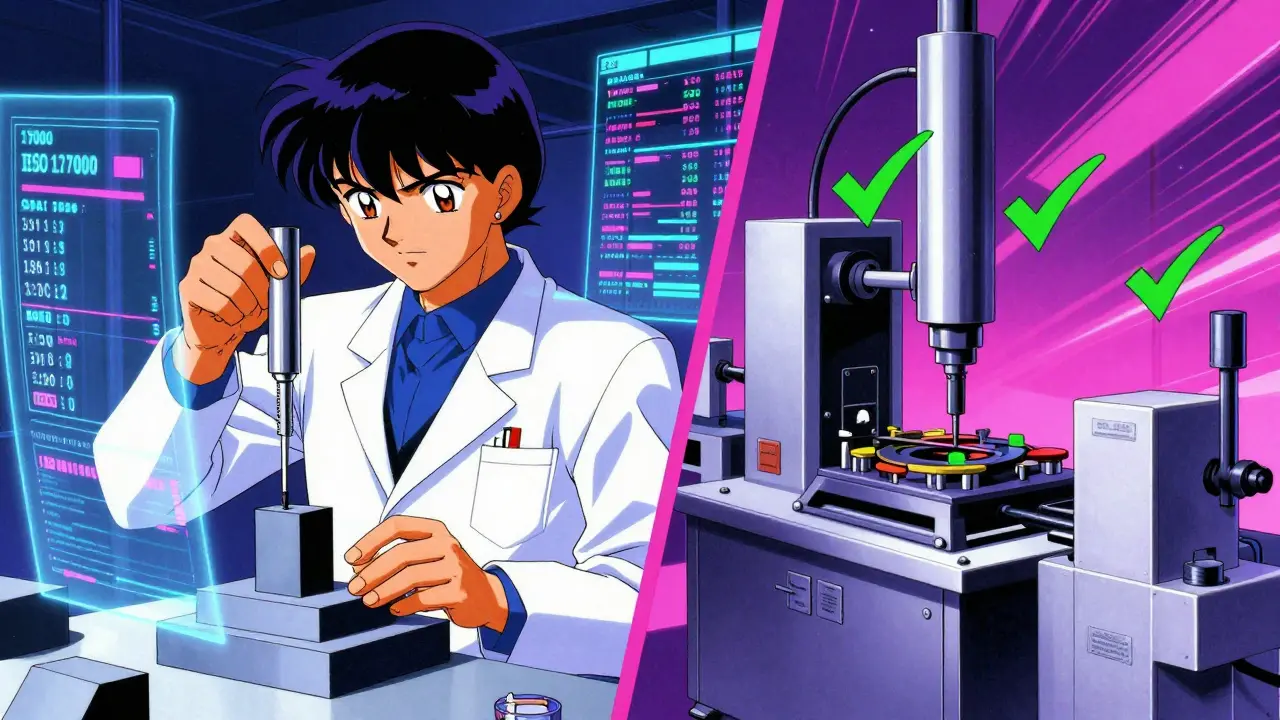 Split screen anime art comparing instrument calibration vs system validation