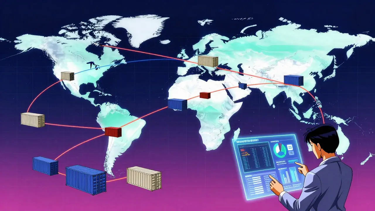 Stylized 80s anime view of global pharmaceutical supply chain logistics