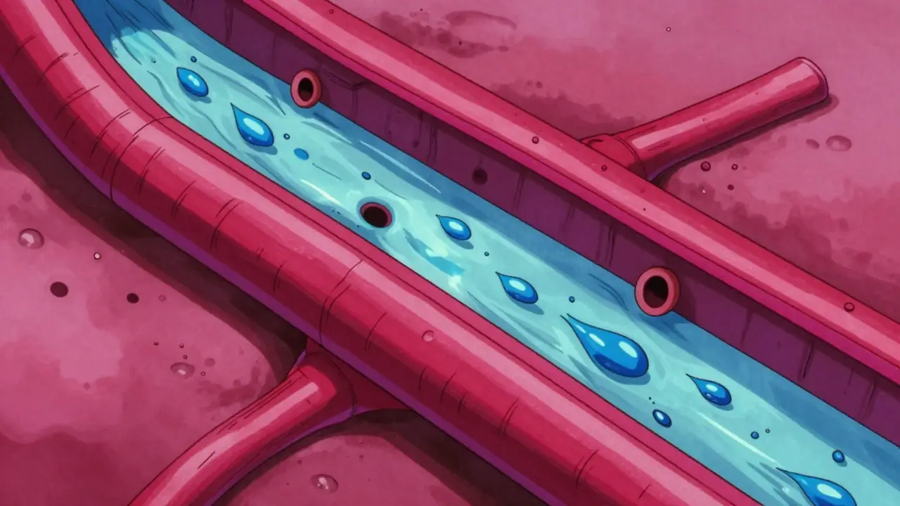Stylized illustration of fluid leaking from blood vessels