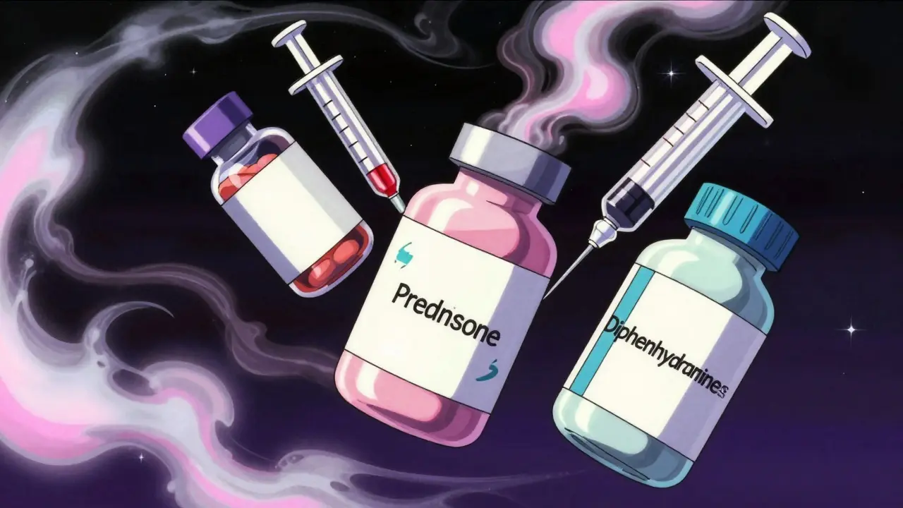 Stylized pills and syringes with swirling mists representing premedication protection