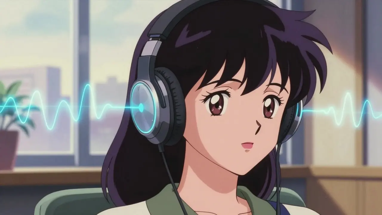 Woman wearing futuristic headphones with glowing sound waves, feeling calm.